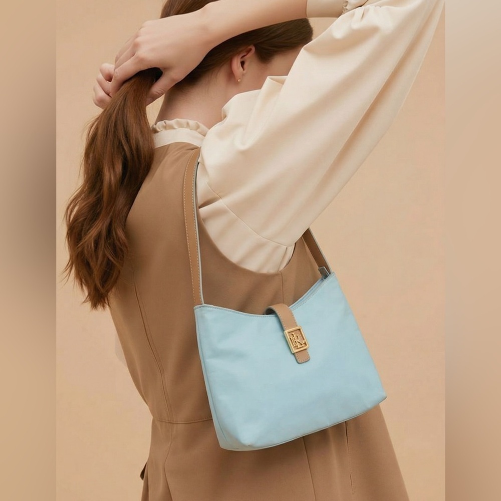 Lauren Ralph Lauren Turquoise Nylon Tan Leather Shoulder Handbag